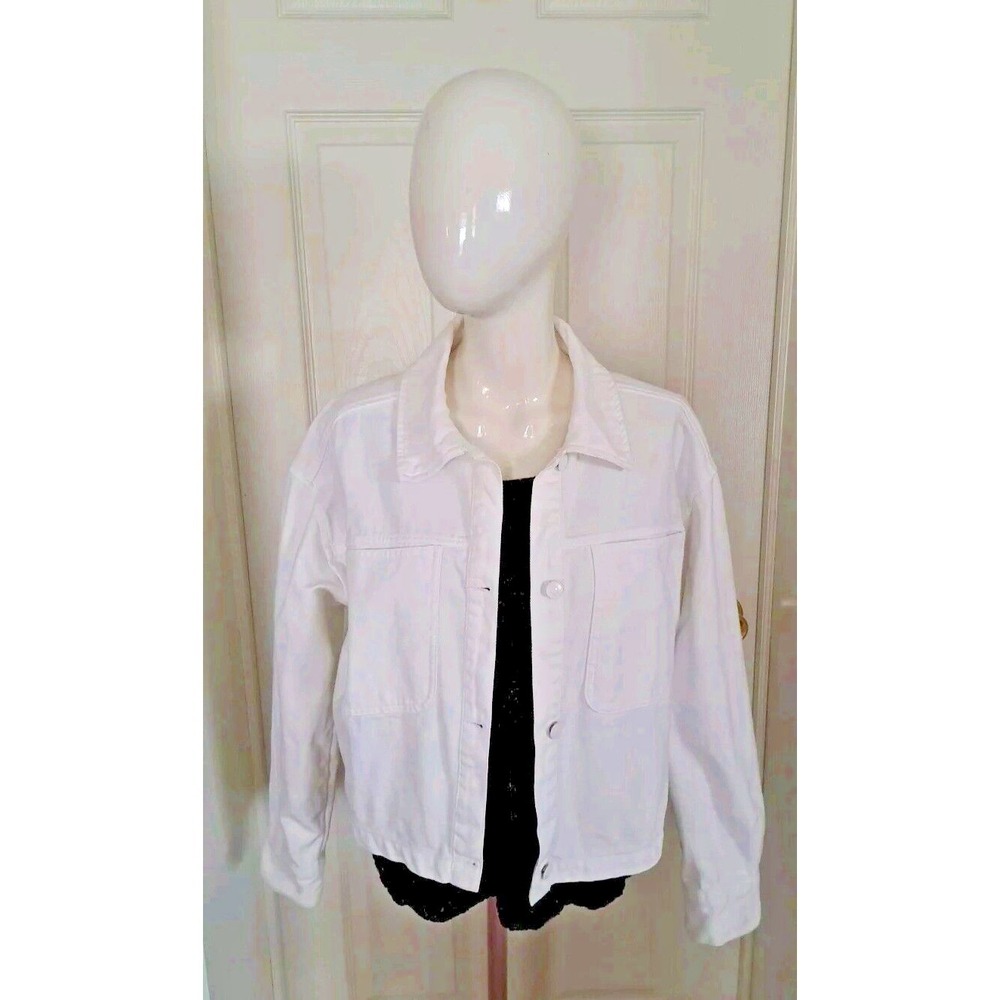 Nine West White Denim Jean Jacket Women's Size L Three Button Two Pocket Pre-own